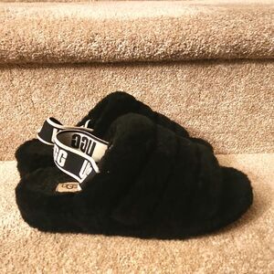 Ugg Fluff Yeah Slingback Slides Black Faux Fur Open Toes Size 7